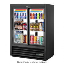 True GDM-33CPT-54-HC-LD 39 1/2" White Two Section Sliding Glass Door White Interior Narrow Depth Pass-Thru Convenience Store Merchandiser Refrigerator - 115V