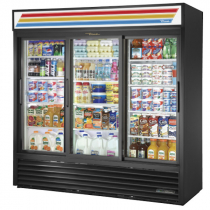 True GDM-69-HC-LD 78 1/8" Black Three Section Refrigerated Sliding Glass Door Merchandiser with LED Lighting - 115V