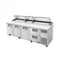 True TPP-AT-119D-2-HC 119 1/4" Three Door Refrigerated Pizza Prep Table with Two Left Drawers, 6 Shelves, 15 Pans and Hydrocarbon Refrigerant