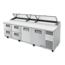 True TPP-AT-119D-4-HC 119 1/4" Two Door Refrigerated Pizza Prep Table with Four Left Drawers, 4 Shelves, 15 Pans and Hydrocarbon Refrigerant