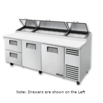 True TPP-AT-93D-2-HC 93 1/2" Refrigerated Pizza Prep Table with Two Doors and Two Drawers on the Left with 4 Shelves, 12 Pans and Hydrocarbon Refrigerant