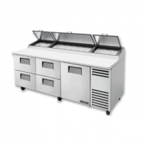 True TPP-AT-93D-4-HC 93 1/2" Refrigerated Pizza Prep Table with One Door and Four Left Drawers with 2 Shelves, 12 Pans and Hydrocarbon Refrigerant